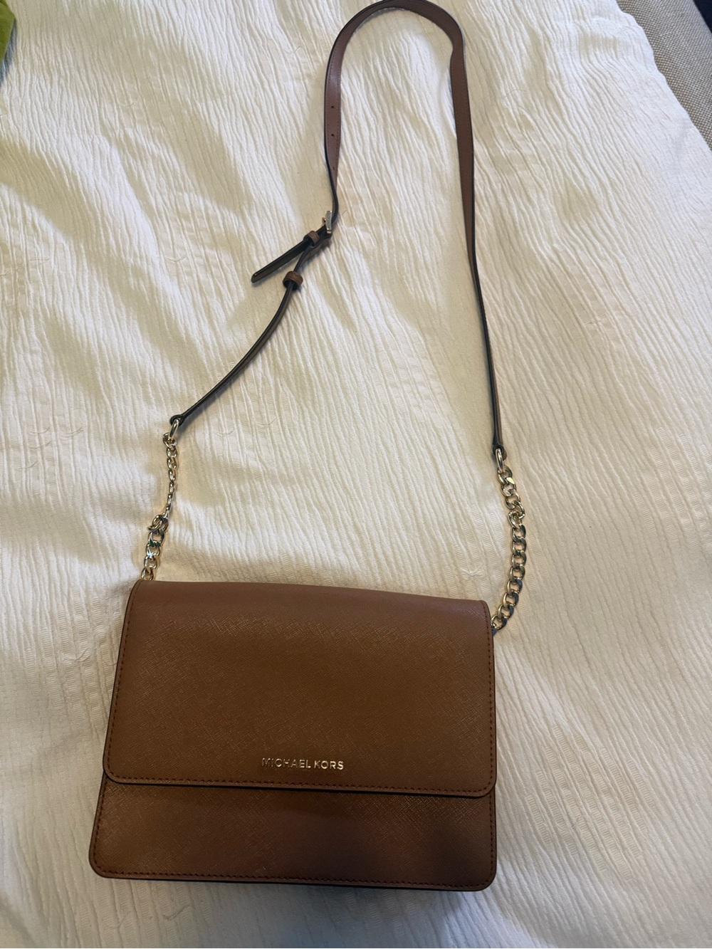 Michael Kors Cognac Saffiano Leather Crossbody with Gold Chain Accent